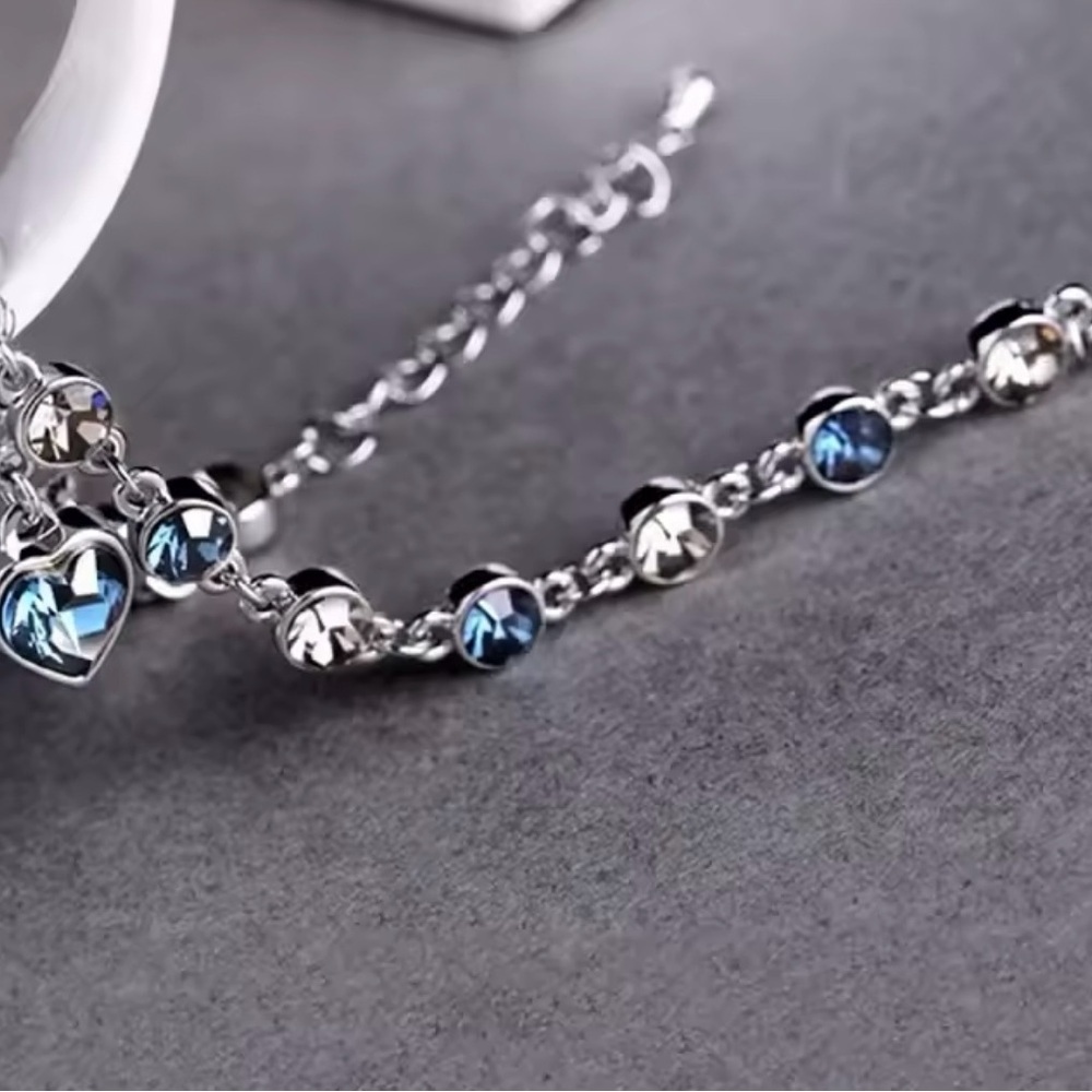 Blue Heart Zircon Bracelets New Shiny Blue Crystal Love  Bracelet 8”+2” - Picture 4 of 7